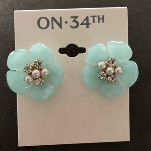 On 34th Gold-Tone Color Pavé & Imitation Pearl Lt Green Flower Stud Earrings